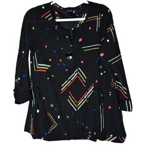 Ali Miles Tunic Shirt‎ Sz S Black Colorful Geometric Gauze Textured Art Artsy